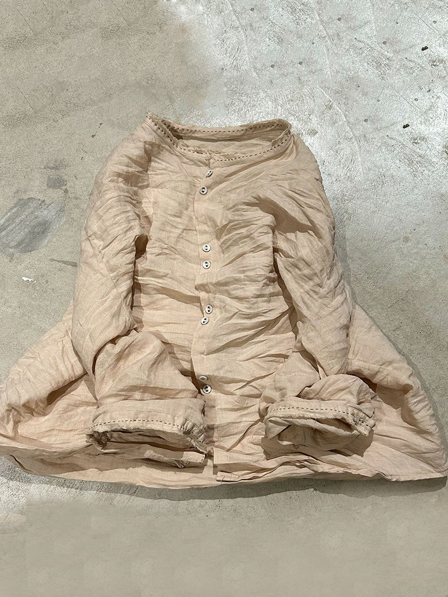 Solid Loose Women Blouse Vintage Collar Stand Ramie