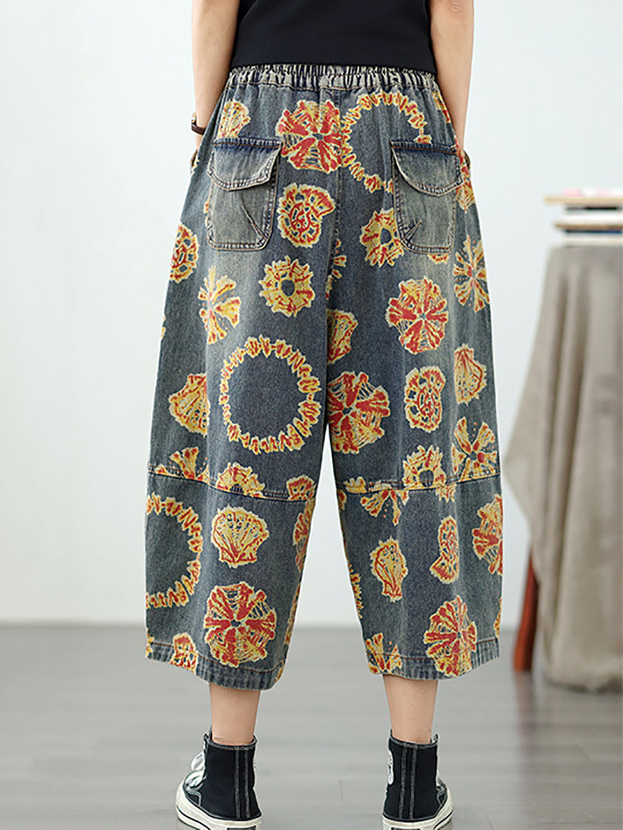 Women Straight Pants Retro Capri Flower Denim