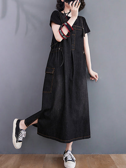 Women Summer Casual Solid Denim Vest Dress CO1021