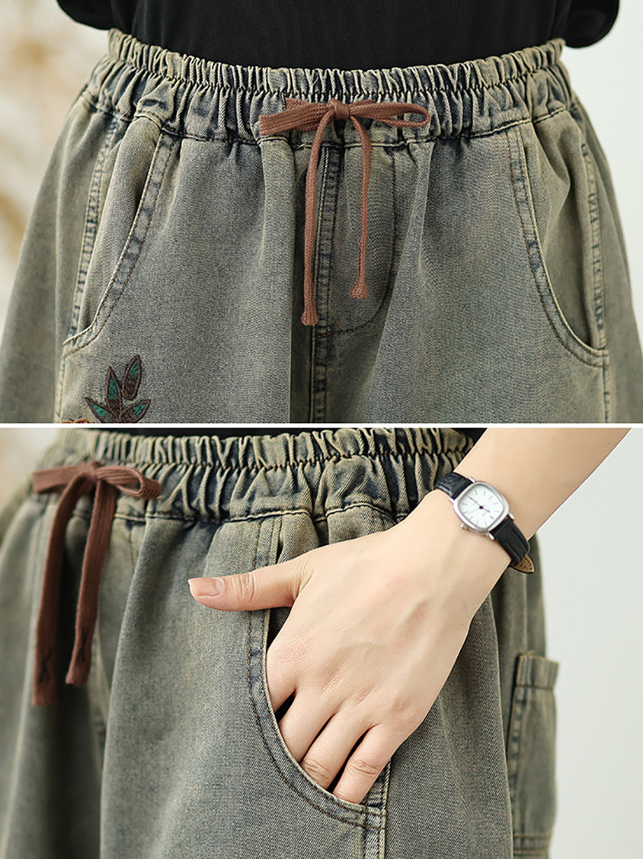 Straight Embroidery Women Denim Fifth Pants Flower Retro