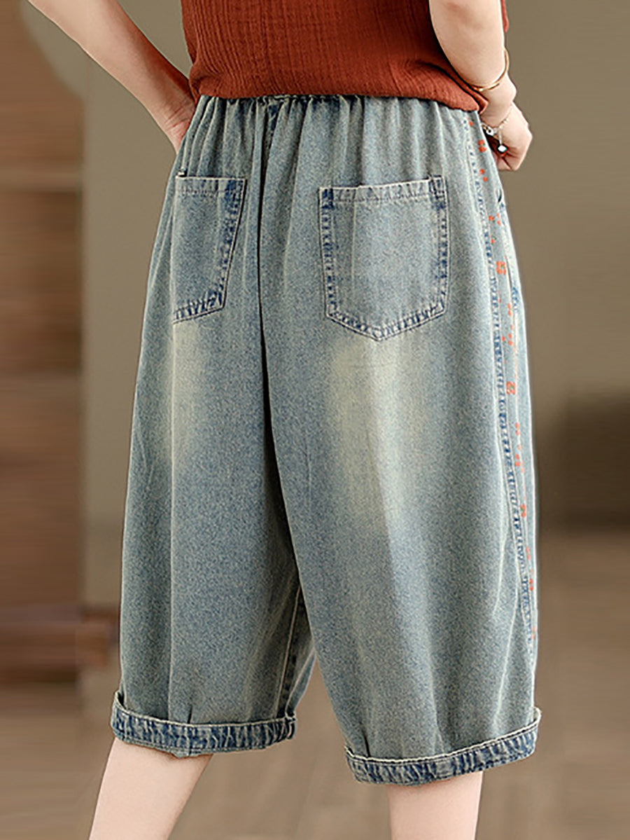 Women Summer Spliced Washed Denim Knee Length Pants OP1039
