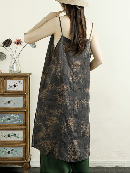 Women Summer Vintage Flower Ramie Vest Dress ZZ1045