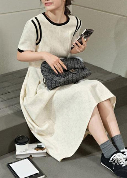 Brief O-Neck Wrinkled Maxi Grey Light Dresses Patchwork Summer