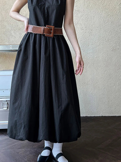 Patchwork O-neck Dress Simple Sleeveless Blue Puff Hem