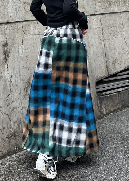 High Loose Waist Plaid Patchwork Spring Blue Skirt Denim