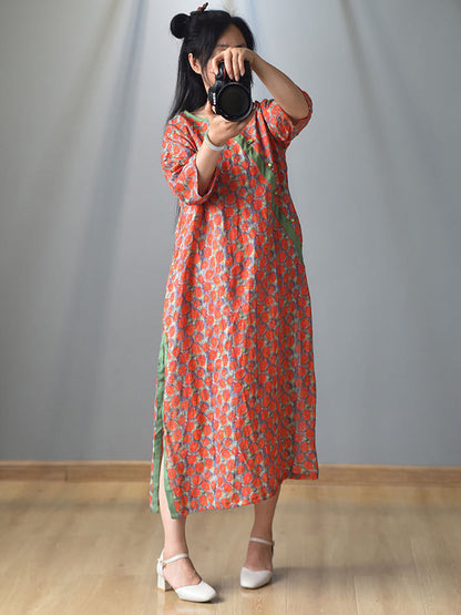 Women Summer Vintage Floral Buckle Spliced Split Hem Dress CC025