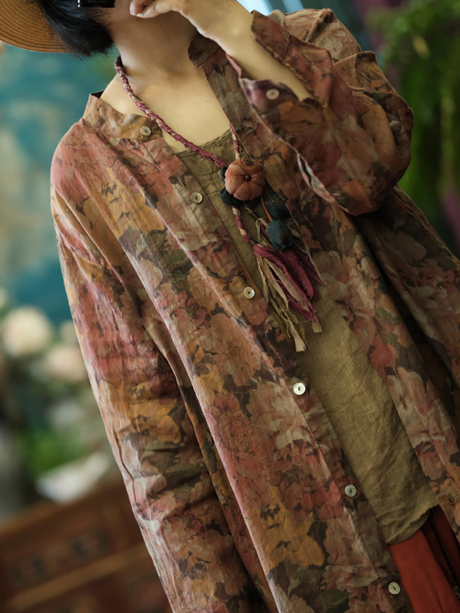 Floral Women Shirt Retro Long Vintage Ramie Button-up