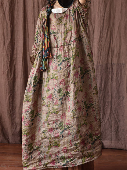 Women Summer Vintage Floral Plaid Loose Ramie Dress OP1008