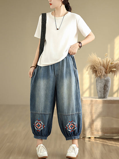 Denim Flower Women Pants Harem Embroidery Retro