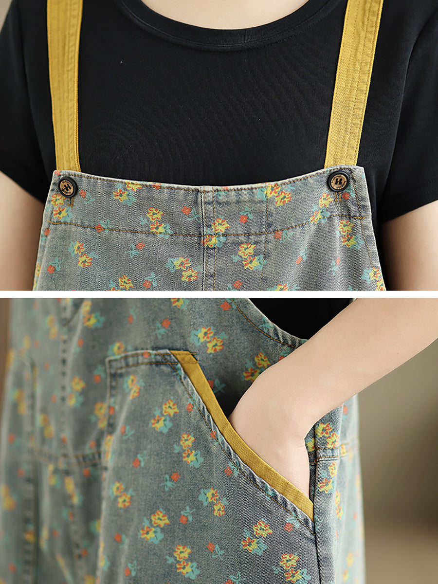 Women Casual Denim Jumpsuits Floral Wide-leg Summer