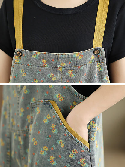 Women Casual Denim Jumpsuits Floral Wide-leg Summer