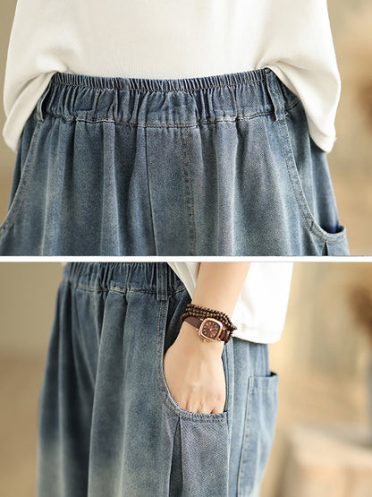 Denim Flower Women Pants Harem Embroidery Retro