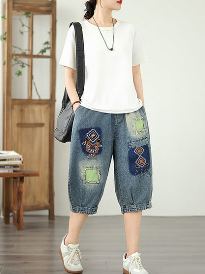 Denim Flower Retro Embroidery Fifth Women Pants Patchwork