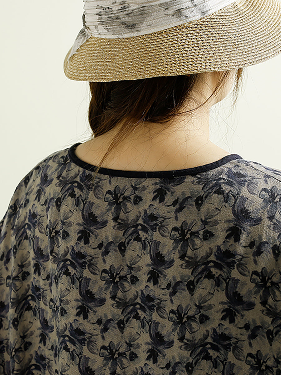 Women Vintage Autumn Flower Strap V-Neck Cotton Dress AS1016