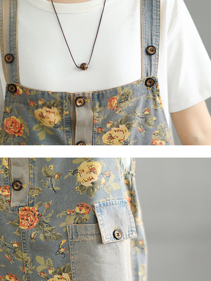 Denim Jumpsuits Short Artsy Women Flower Summer