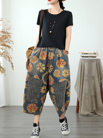 Women Straight Pants Retro Capri Flower Denim