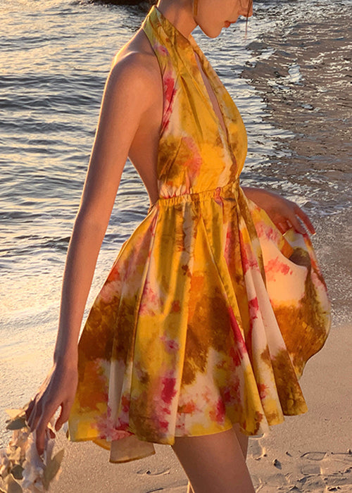 Dresses Up Chiffon Yellow Mini Print Stylish Lace Backless