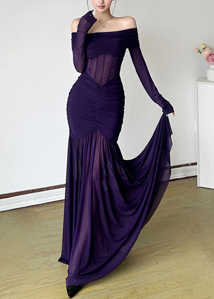 Slash Dresses Stylish Wrinkled Spring Neck Tulle Maxi Purple