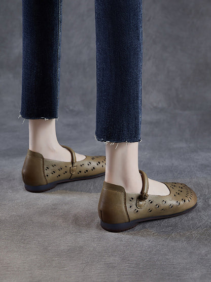 Genuine Shoes Women Summer Hollow Out Heel Low Leather