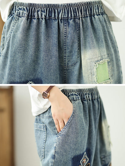 Denim Flower Retro Embroidery Fifth Women Pants Patchwork