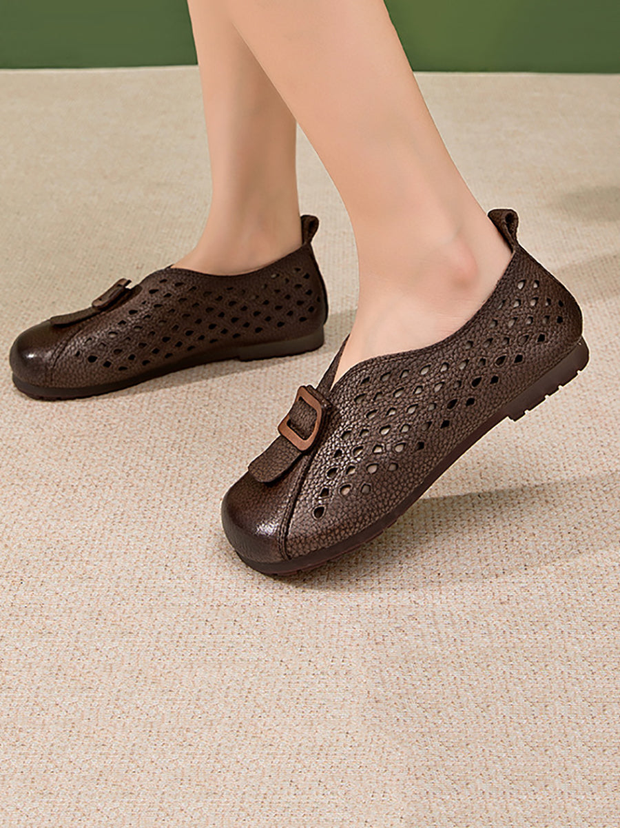 Leather Shoes Women Spliced Vintage Flat Summer