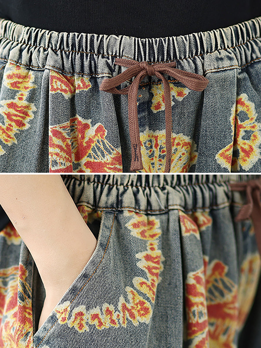 Women Straight Pants Retro Capri Flower Denim