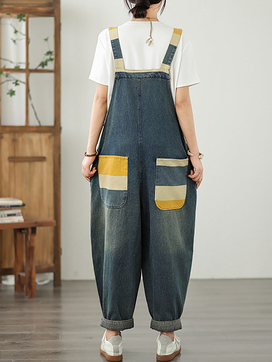 Summer Colorblock Women Loose Denim Stripe Jumpsuits