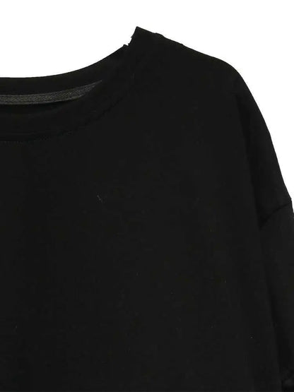 Denim Street Patchwork Sleeve White Short T-Shirt O-neck Hem