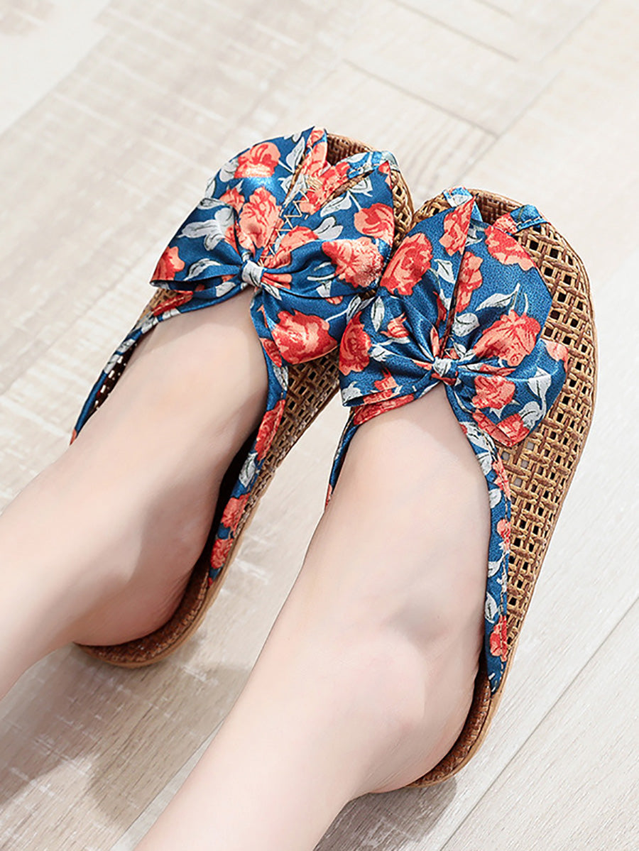 Bowknot Ethnic Weave Women Indoor Slippers Straw Flower
