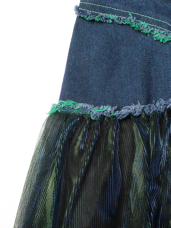 Denim Shiny Waisted Skirt A-Line Green Belted Chic High Tulle