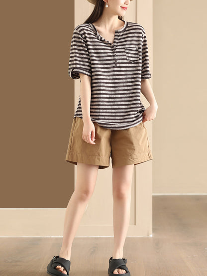 Women Sumer Casual Stripe V-Neck Button Shirt II1019