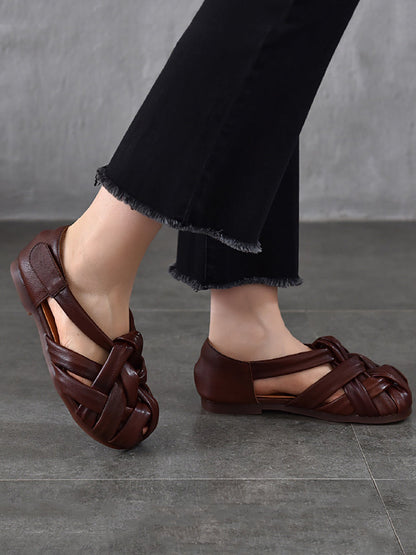 Summer Leather Flat Retro Women Weave Genuine Shoes