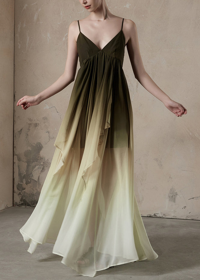 Wrinkled Chiffon Gradient Neck Sleeveless Chic Dress Color Long V