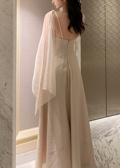 Summer Silk Solid Asymmetrical Apricot Maxi Dresses Elegant