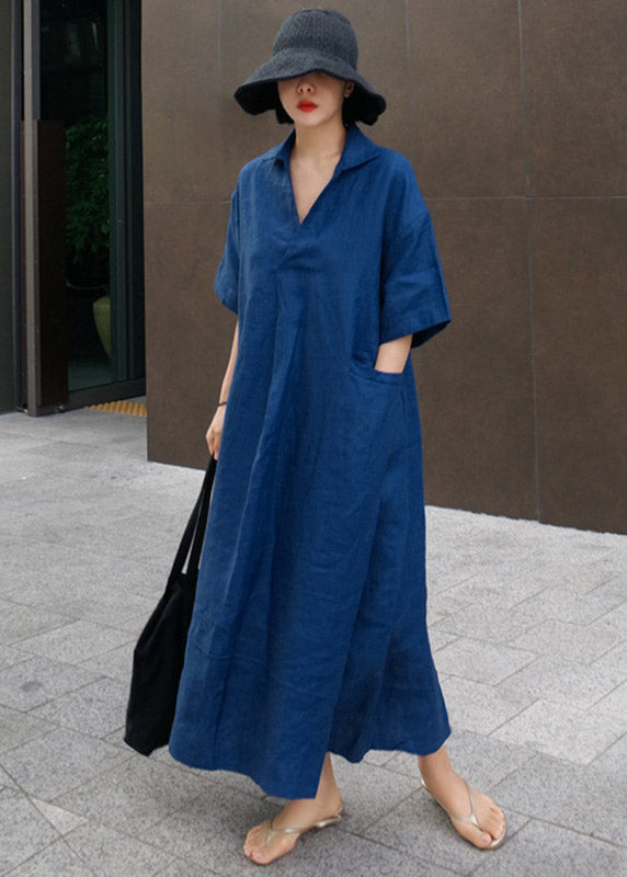 Wrinkled Open Sleeve Side Dress Linen Blue Short