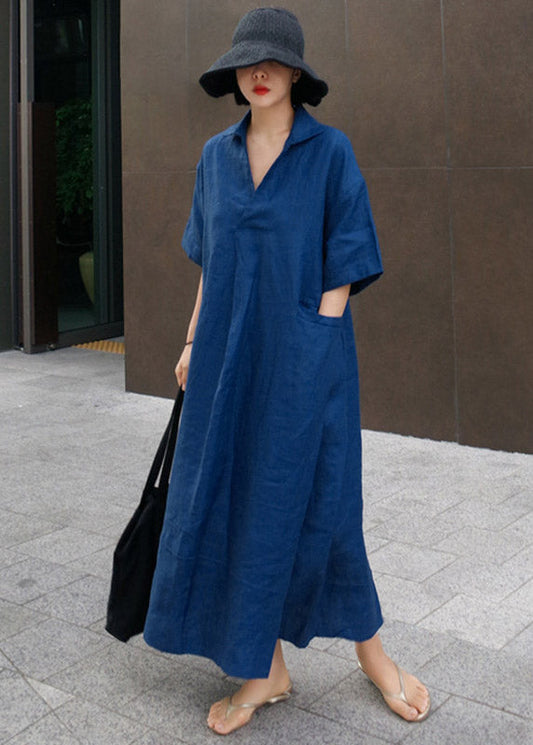 Wrinkled Open Sleeve Side Dress Linen Blue Short