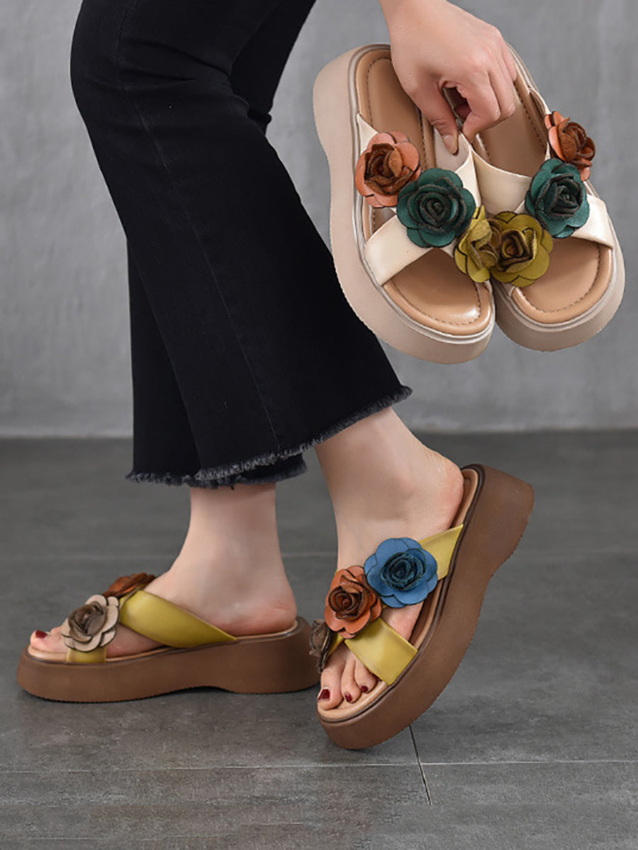 Women Summer Platform Spliced Flower Leather Slippers