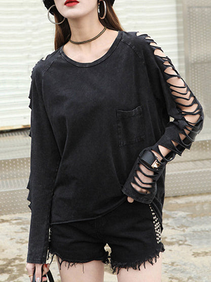 Black Sleeves T-shirt Out Long Round-neck Street Loose Hollow