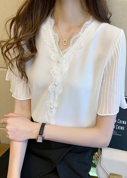 Italian Shirt Summer Bead Pink Lace Chiffon Nail Patchwork Top