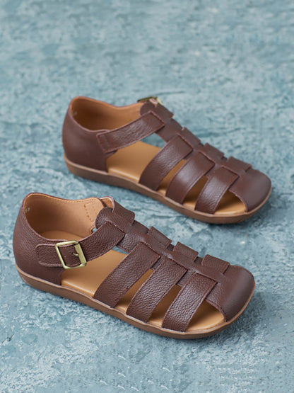 Women Summer Casual Solid Leather Spliced Flat Shoes FD036