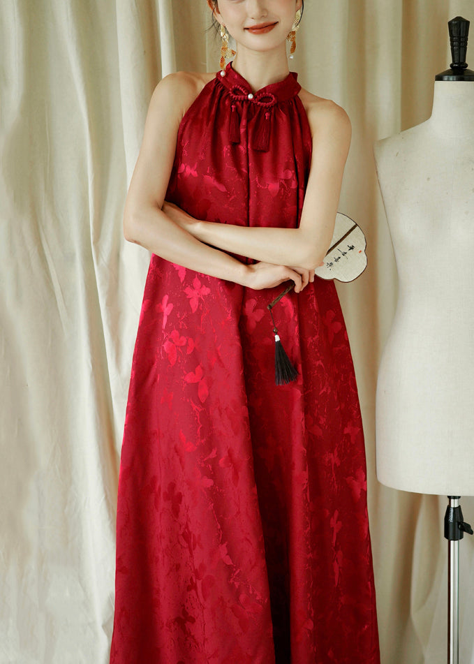 Cotton Sleeveless Jacquard Bow Maxi Red Loose Dresses