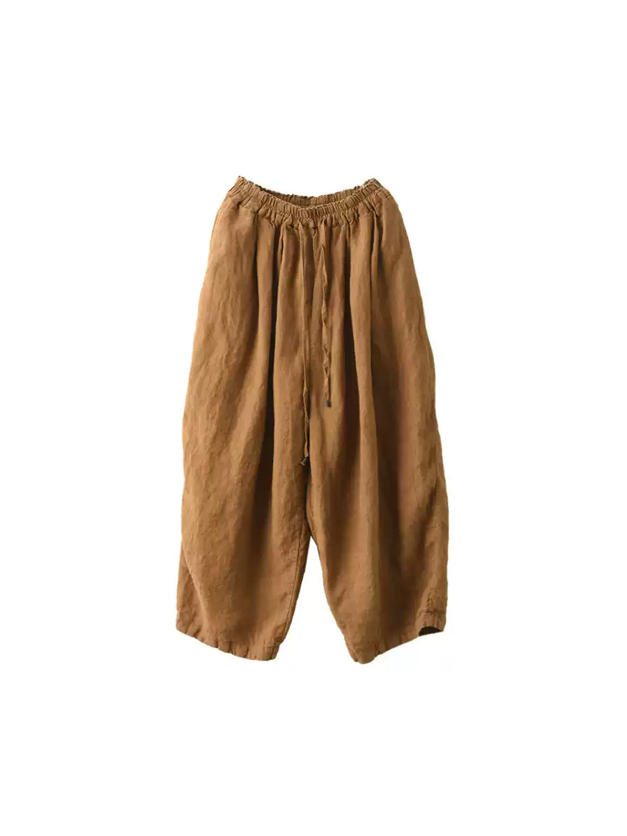Pants Women Casual Summer Color 100%Linen Pure Wide-leg