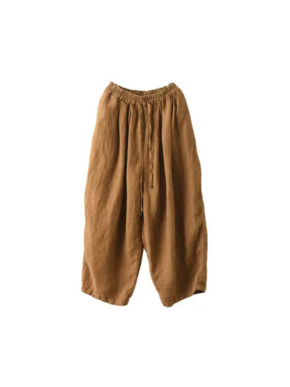 Pants Women Casual Summer Color 100%Linen Pure Wide-leg