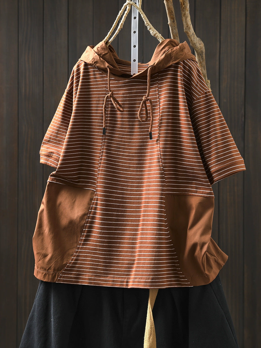 Spliced Cotton Shirt Summer Hooded Stripe Casual Women