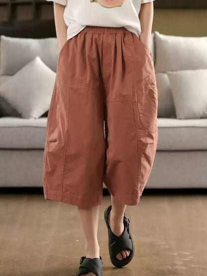 Pure Color Casual 100%Cotton Cropped Pants Women