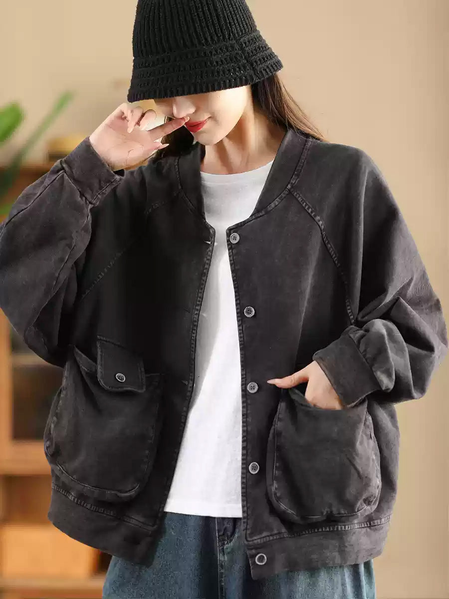 Women Retro Pure Color Stand Collar Pocket Cotton Coat AX1008