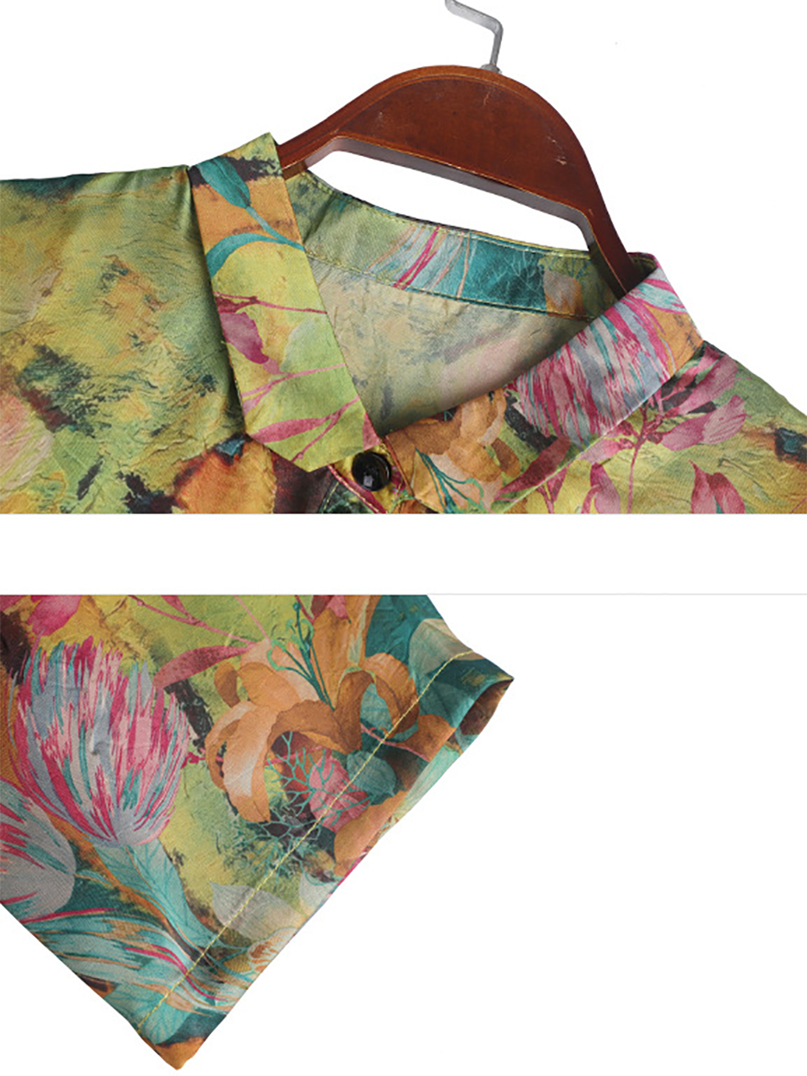 Plus Size Women Artsy Ornate Floral Button Loose Long Suits LL026