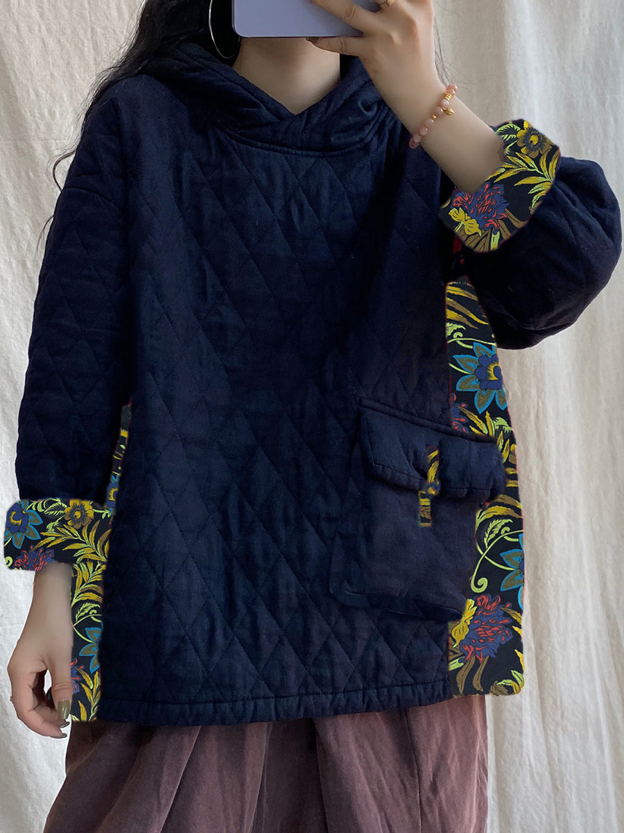 Plus Size Women Winter Patch Spliced Pocket Thicken Hooded ZZ1048