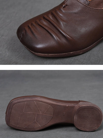 Heel Mid Genuine Leather Spliced Shoes Women Vintage