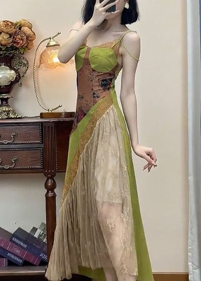 Spaghetti Lace New Green Dress Patchwork Strap Sleeveless